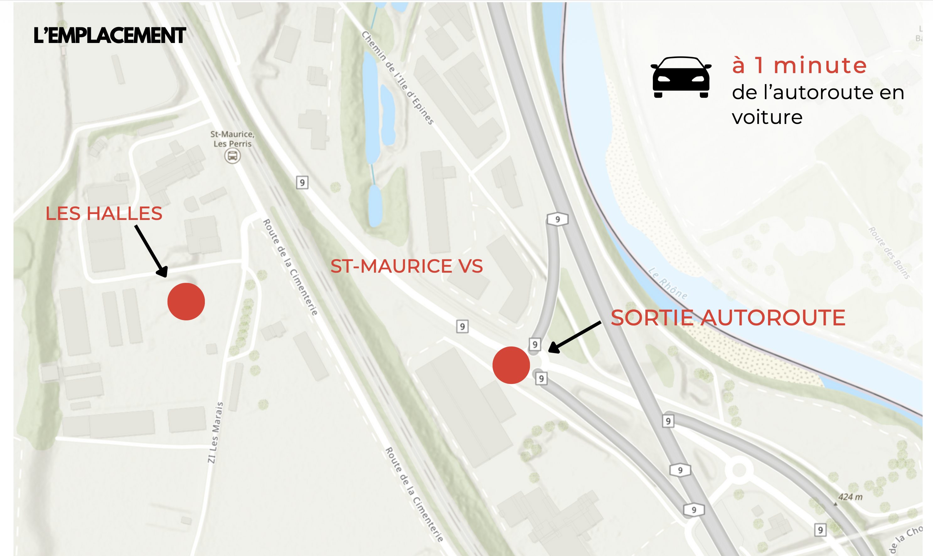 Plan d’emplacement des Halles, ZI Les Marais à Saint-Maurice, à 1 minute de la sortie d’autoroute
